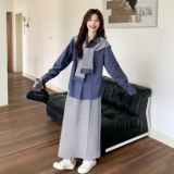 藏青色条纹衬衫套装女2025秋季新款韩系休闲高腰半身裙时尚两件套，女装套装/套裙，2C135