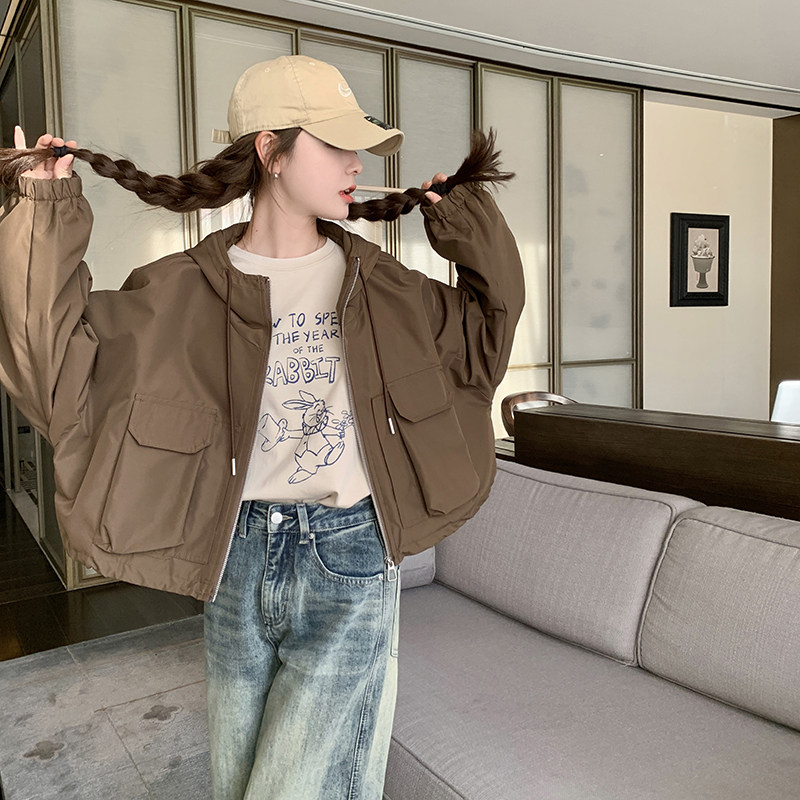 新款春装2024休闲戴帽宽松风衣短外套2C098-8931P130K188,女装短外套,2C098