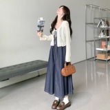 轻熟风韩版收腰显瘦早秋长袖针织开衫吊带牛仔连衣裙气质两件套装，女装连衣裙，2C166