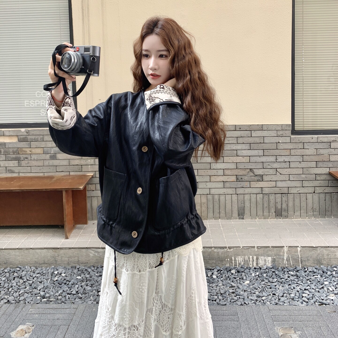 碎花拼接两面穿皮衣外套女春秋2025新款小个子流行爆款韩系夹克,女装皮衣,2C307