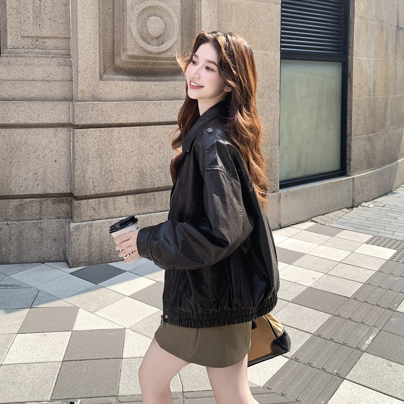 棕色美拉德皮衣外套女春秋2025新款美式复古时尚流行宽松休闲夹克,女装皮衣,2C291