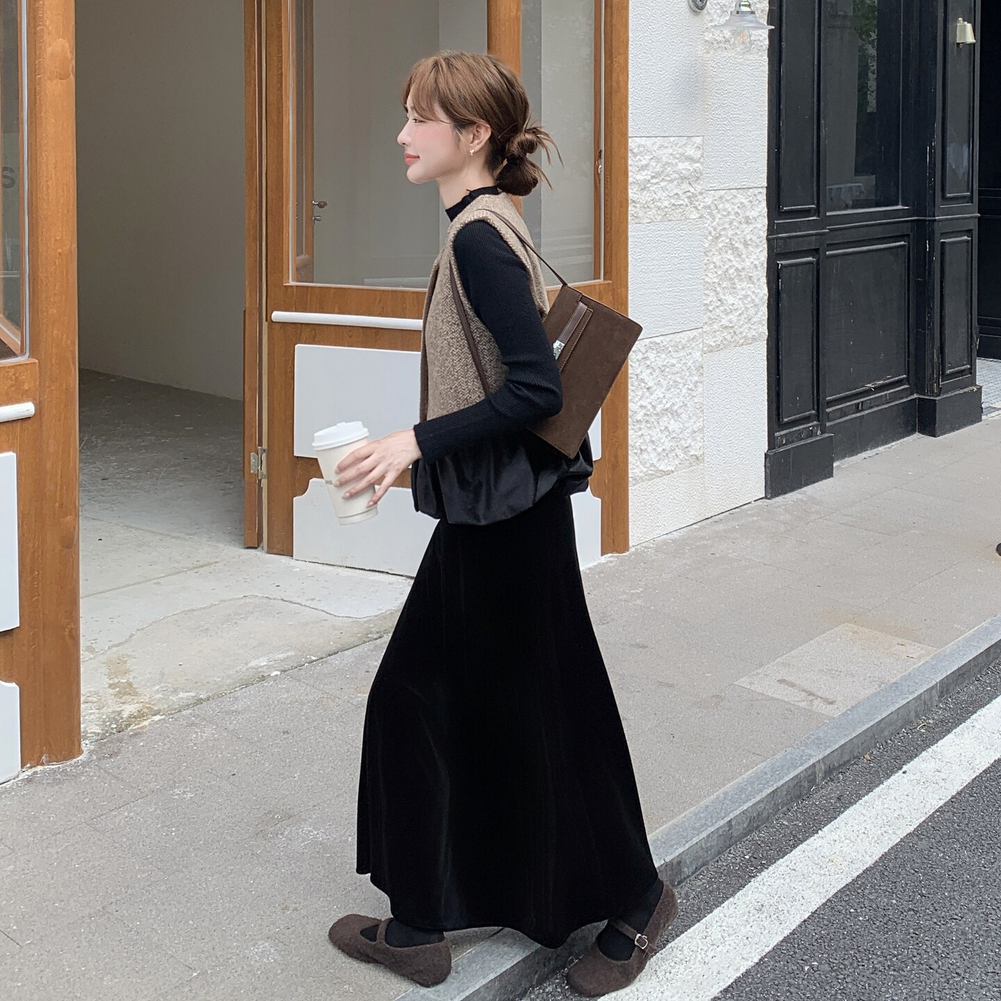 新中式风复古秋冬时尚气质百搭显瘦马甲针织衫半身裙三件套装,女装套装/套裙,2C166
