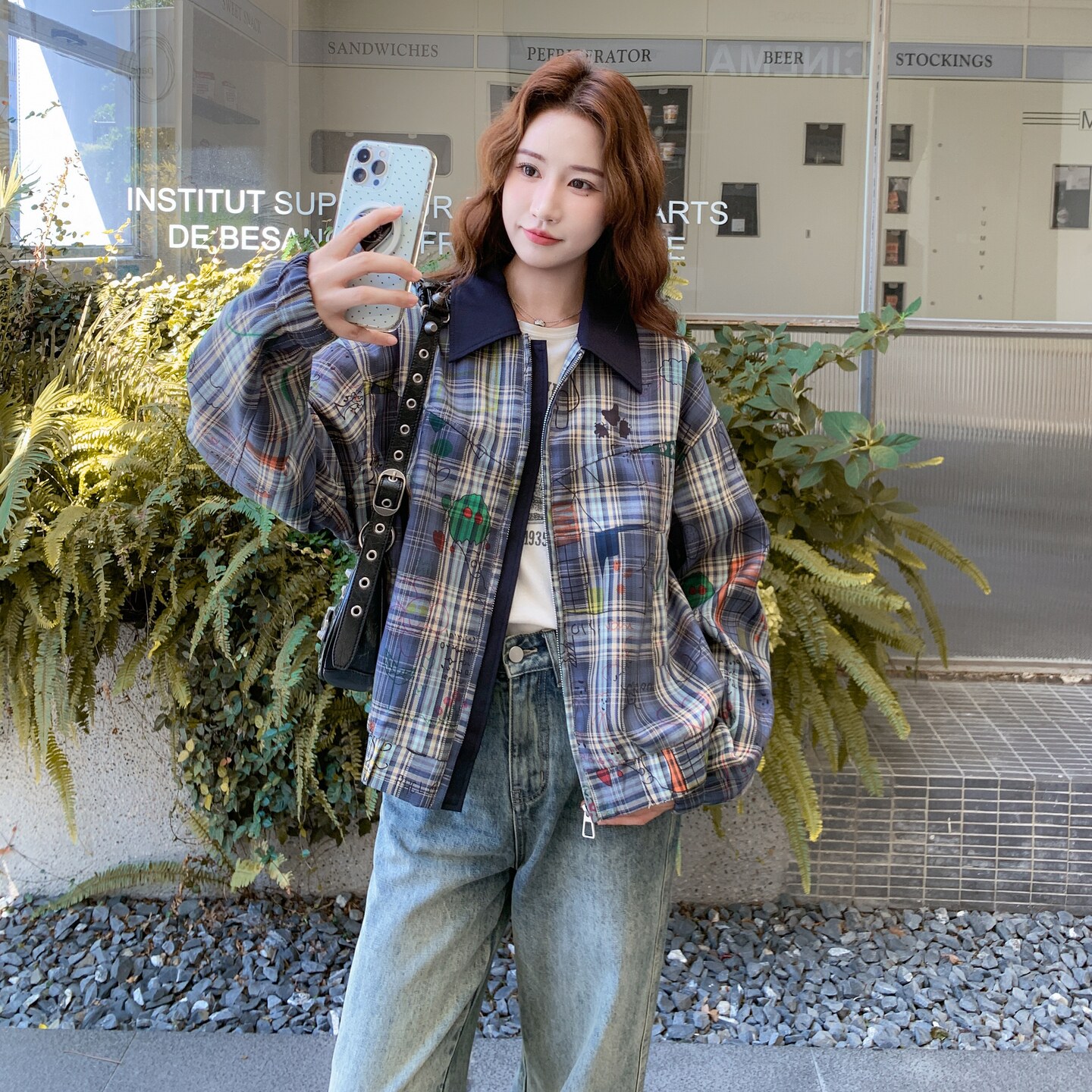 复古蓝色格纹印花小香风外套2026新款女初秋巨好看韩系chic短夹克,女装短外套,2C218
