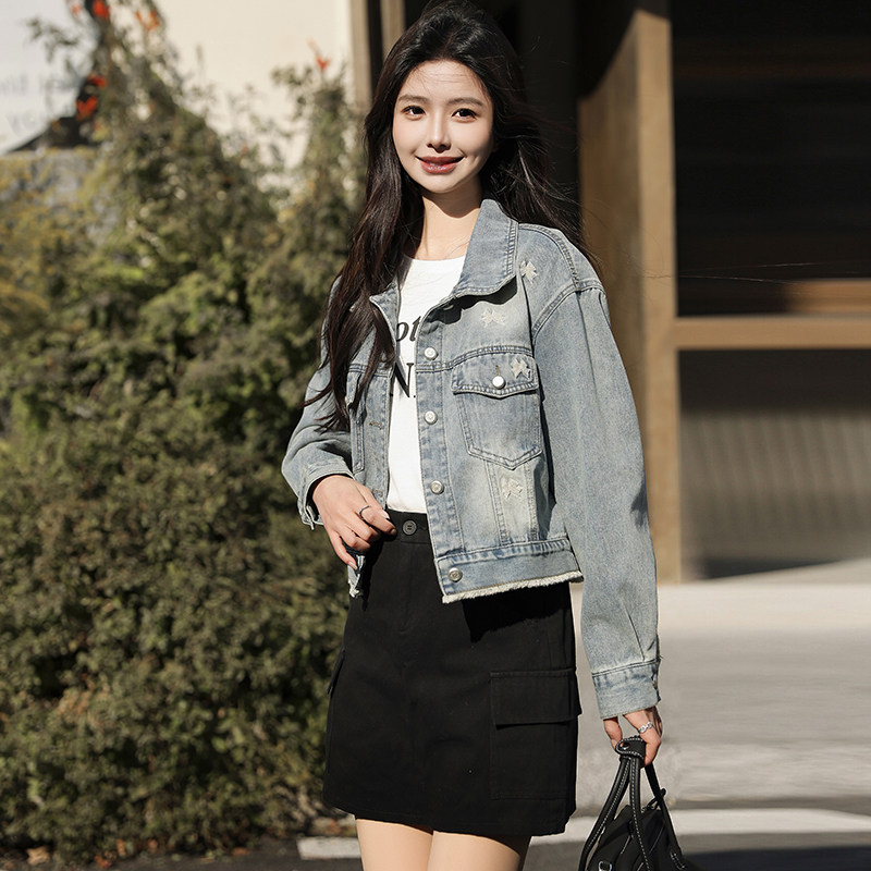 女装牛仔短外套单排扣长袖翻领2025年春季新款小个子上衣,女装短外套,安在秀（1C042）