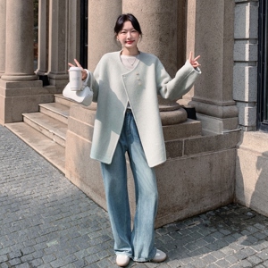 浅绿色气质双面呢羊毛大衣外套女秋冬2025新款收腰显瘦巨好看上衣图片