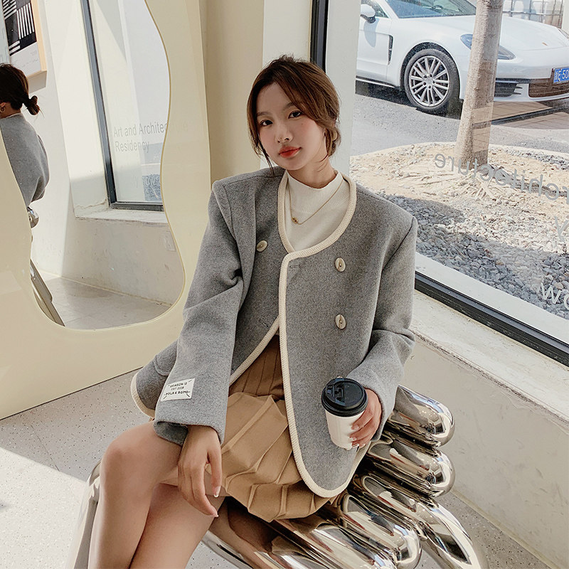 【现货】灰色圆领小香风韩版外套2223P155控238,女装毛呢外套,2C166