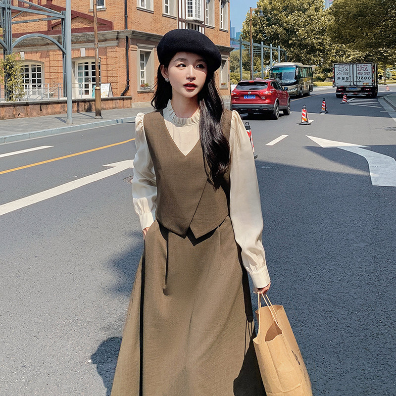 法式气质假两件茶歇连衣裙女2025春秋季新款收腰显瘦撞色a字长裙,女装连衣裙,2C166