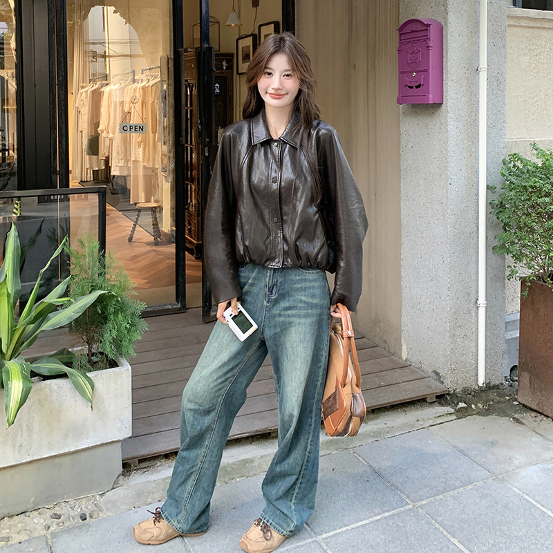 美式复古休闲皮衣外套女2025春季新款高级感气质百搭小个子皮夹克,女装皮衣,2C135