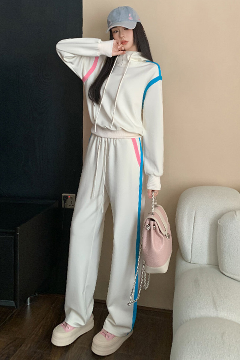 女春季洋气拼接色连帽卫衣直筒卫裤两件套潮,女装套装/套裙,2C310
