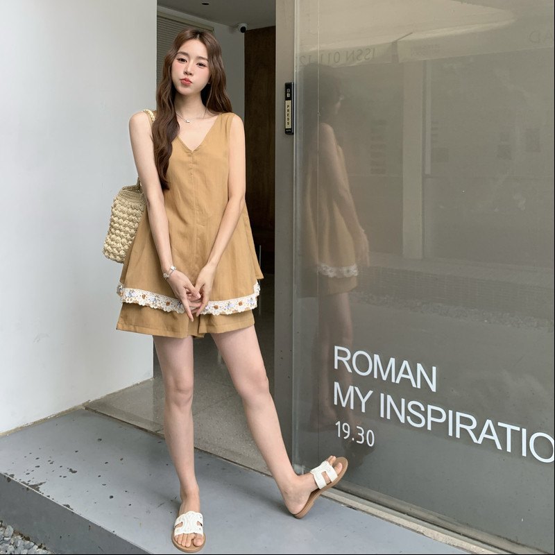 2025夏季新款一整套老钱风休闲气质度假无袖背心裤子亚麻套装女,女装套装/套裙,2C159