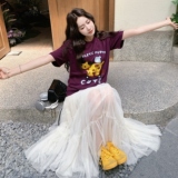 紫色印花短袖薄纱半身裙套装女2025年夏季新款巨好看高级感两件套，女装连衣裙，2D008