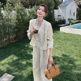蕾丝花边拼接小香风西装套装女春秋季2025新款高级感阔腿裤两件套，女装套装/套裙，2C203