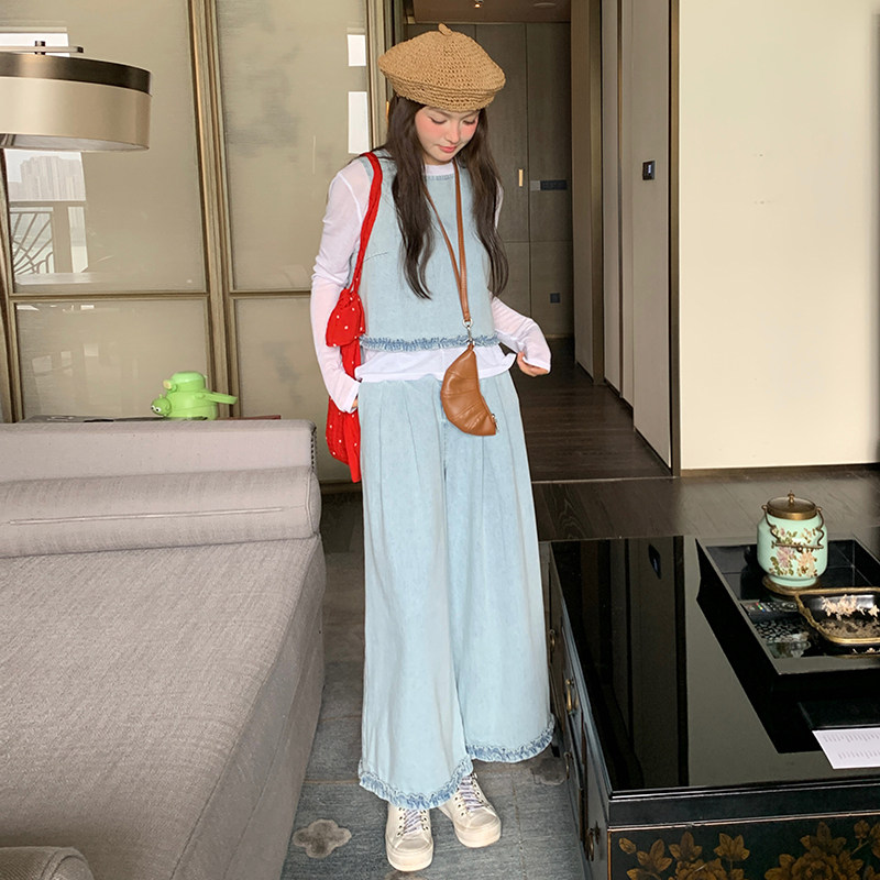 浅蓝色复古木耳边牛仔马甲套装女2025春季新款小个子阔腿裤三件套,女装套装/套裙,2C177
