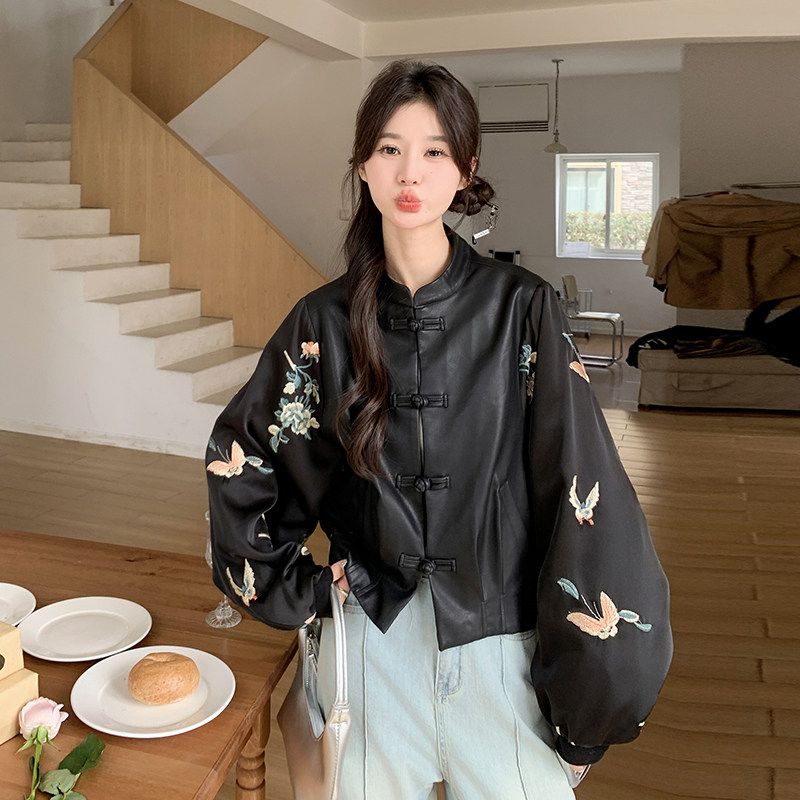 现货2025春季新款皮衣拼接刺绣外套098-815P155K218,女装短外套,2C098
