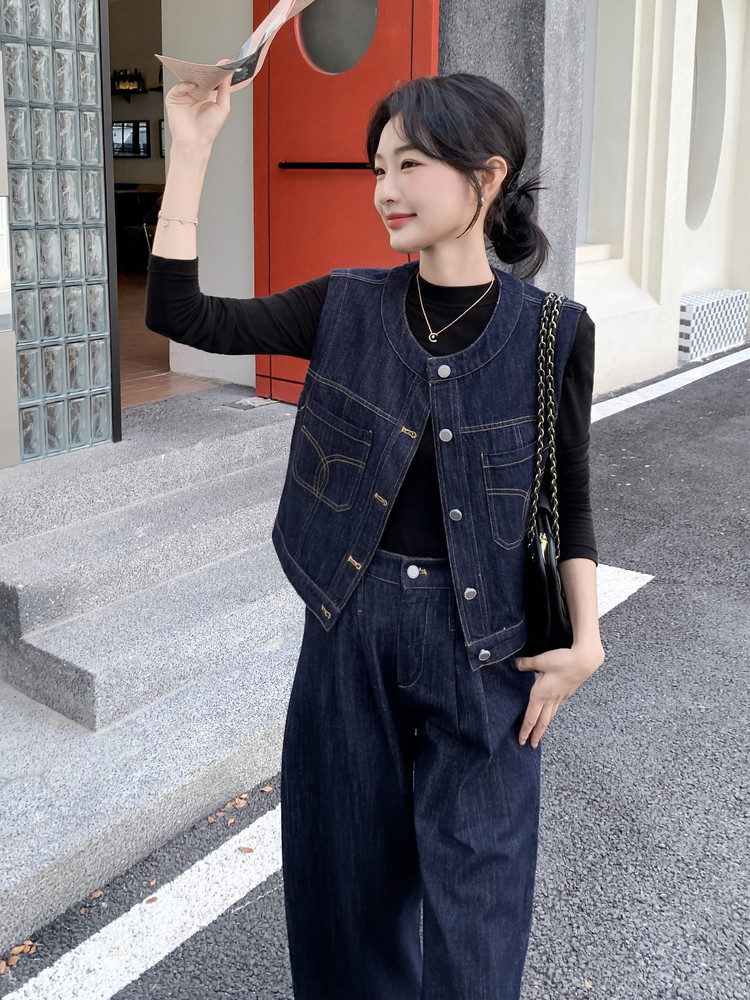 港风时尚设计感牛仔套装女2025年春秋季新款宽松外套阔腿裤两件套图片