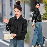 已出货春装新品小皮衣外套女翻领短款时尚百搭机车服小个子上衣，女装皮衣，吾爱衣