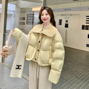 韩系黄色针织拼接翻领羽绒服女冬超火好看高级小众保暖加厚短外套图片