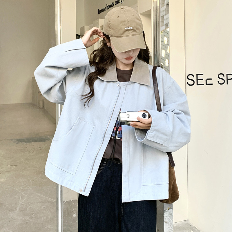 蓝色休闲工装外套女2025春季新款韩版设计感小个子超好看短款夹克,女装短外套,2C086