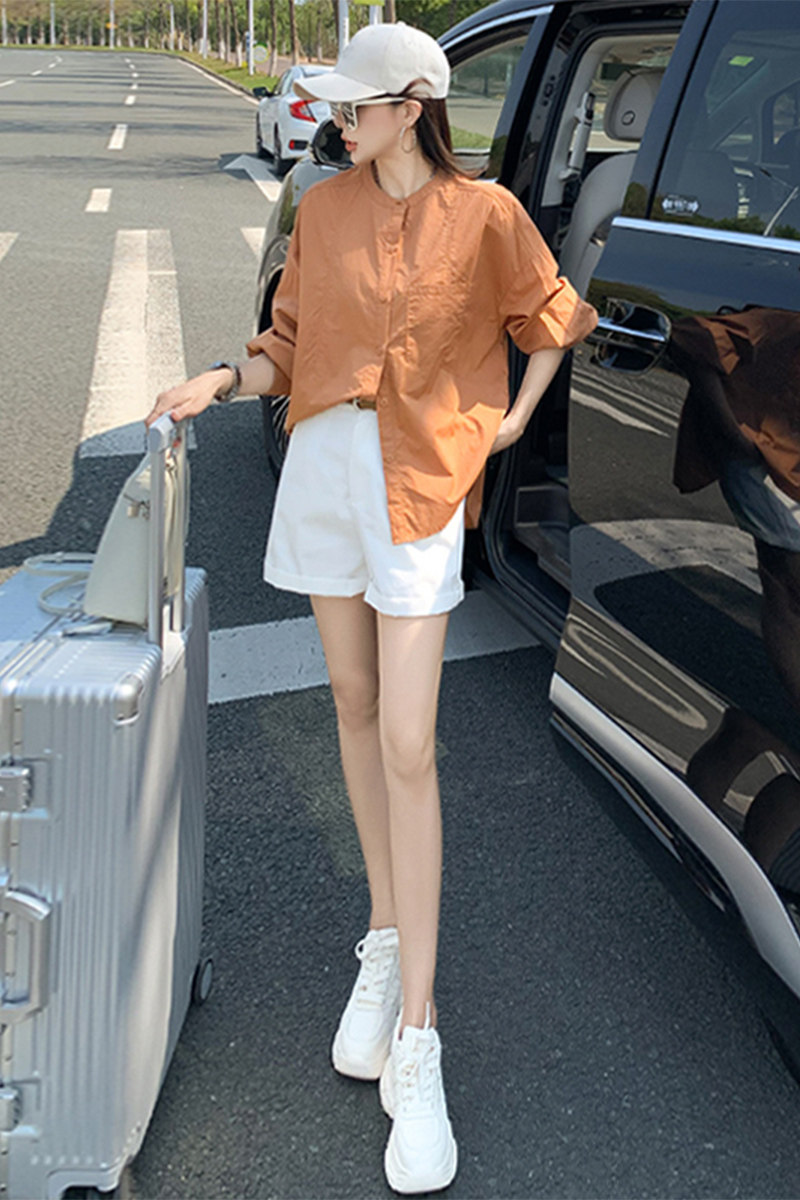 女款春季时尚休闲新款百搭单排扣圆领宽松显瘦纯色长袖灯笼上衣潮,女装衬衫,2C310