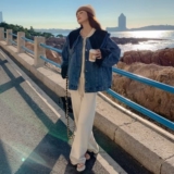 学院风复古设计感牛仔外套女冬加绒2025冬季新款韩版宽松加厚棉服，女装短外套，2D009