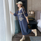 藏蓝色字母印花卫衣裙女2025春季新款韩系学院风减龄宽松休闲长裙，女装连衣裙，2D043