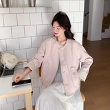 撞色拼接圆领粉色外套女春秋2025新款减龄甜美休闲高级感韩系上衣，女装短外套，2C266