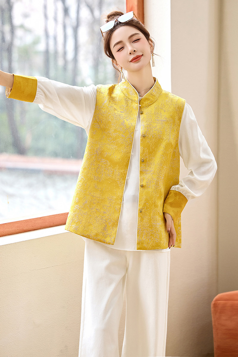 新中式黄色国风提花马甲小衫两件套女2025春季新款休闲马夹两件套,女装短外套,衣佳和