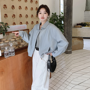 蓝色皮衣外套女2025春秋新款流行漂亮洋气减龄休闲飞行员夹克上衣图片