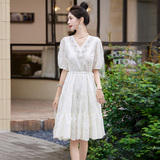 2025新款夏装V领灯笼袖显瘦减龄串珠连衣裙，女装连衣裙，丽莎妳雅