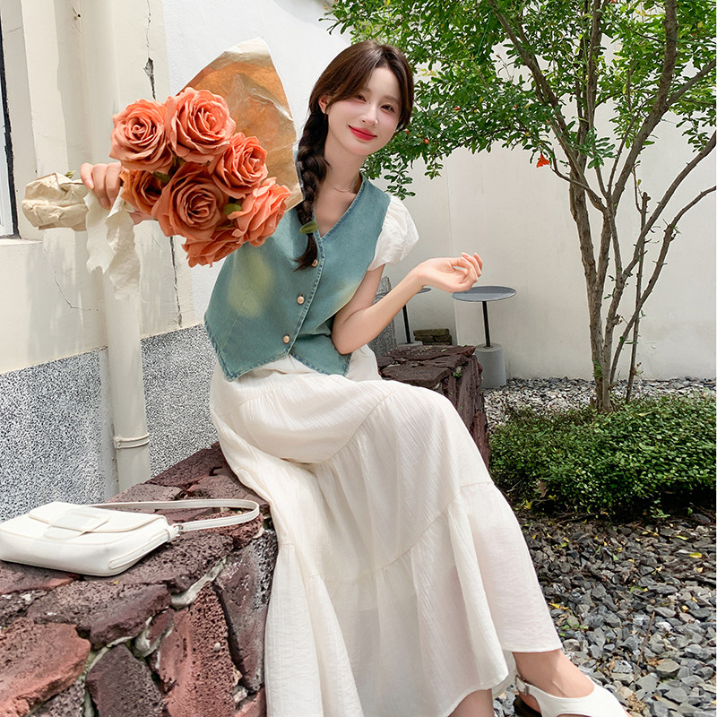 韩系牛仔拼接上衣套装夏季女2024新款显瘦温柔风波点半身裙两件套图片
