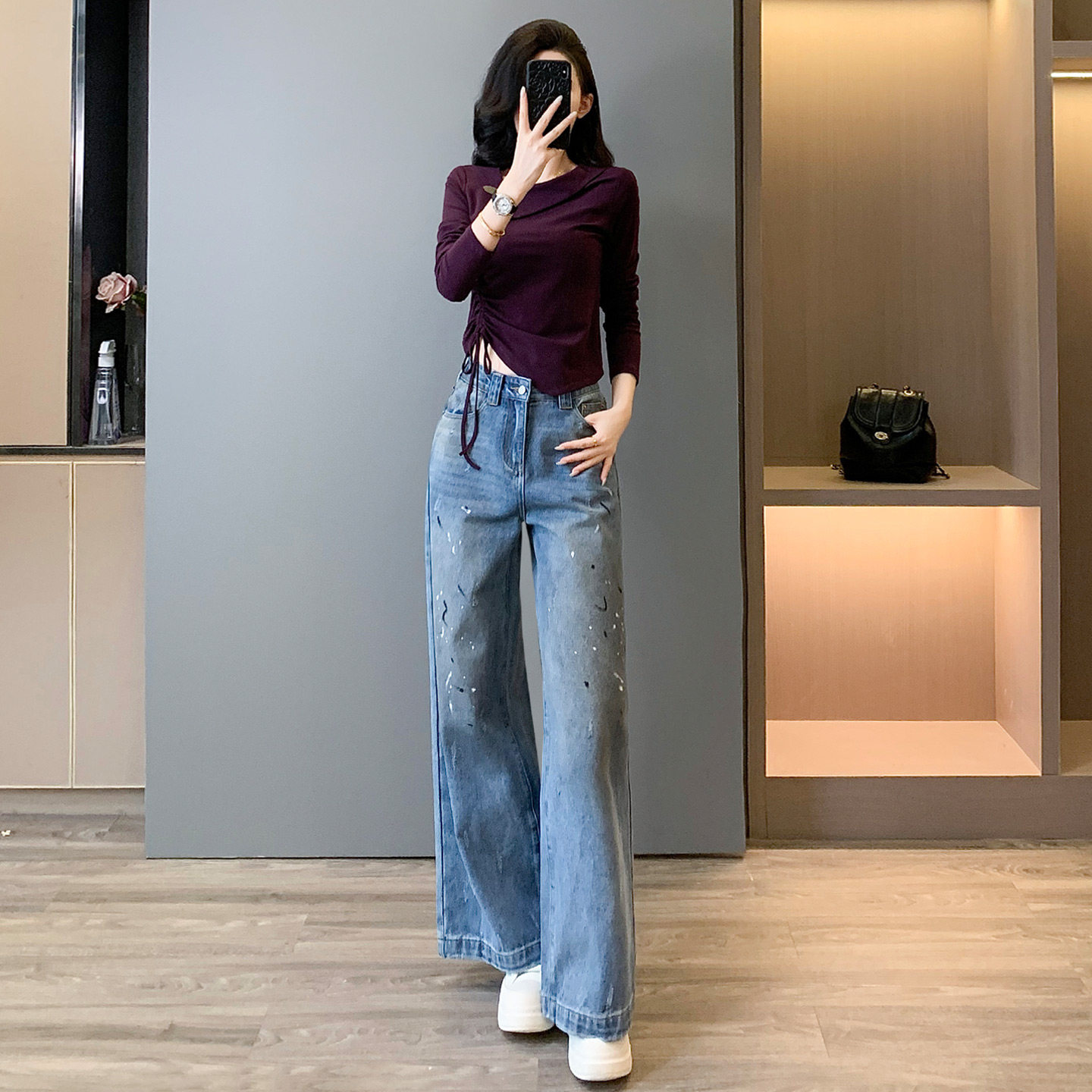女春新款时尚减龄套装修身纯欲不规则斜肩领口上衣牛仔长裤两件套,女装套装/套裙,2C310