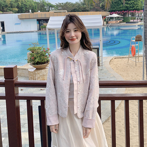 粉色新中式风盘扣短外套女2025开春新款超好看甜美减龄气质上衣图片