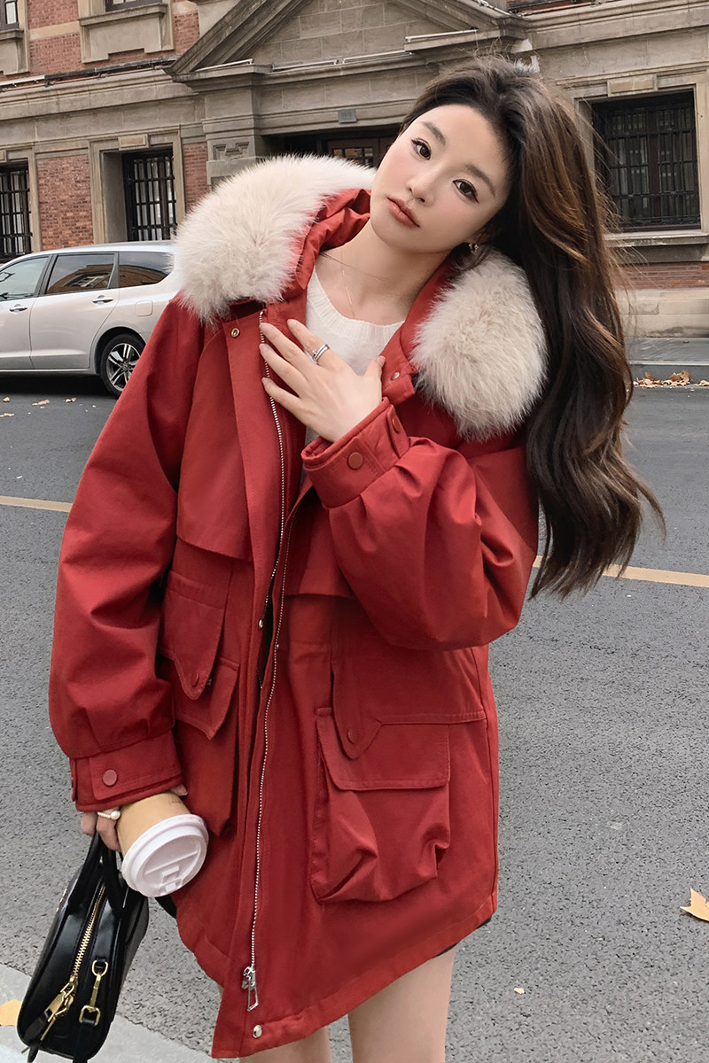 韩版加厚保暖毛领派克服棉衣女2025冬季新款显瘦加绒连帽工装棉服,女装棉衣/棉服,衣珂纱朗