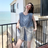 现货：夏装新款牛仔拼接蕾丝马甲短裤两件套2C135-8866P145K218，女装套装/套裙，2C135
