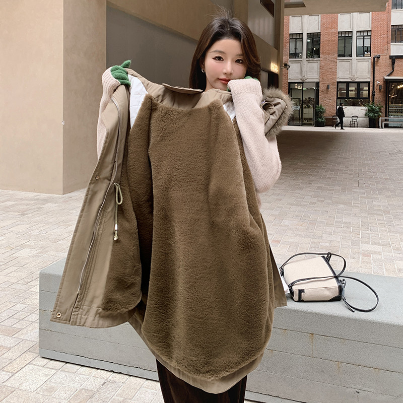 韩版加厚兔绒连帽派克棉服女2025年冬季新款收腰显瘦保暖工装棉衣,女装棉衣/棉服,衣珂纱朗