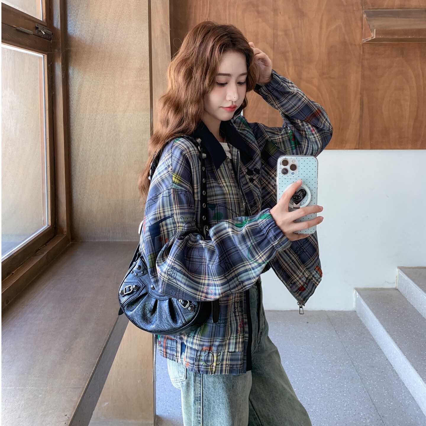 复古蓝色格纹印花小香风外套2026新款女初秋巨好看韩系chic短夹克,女装短外套,2C218