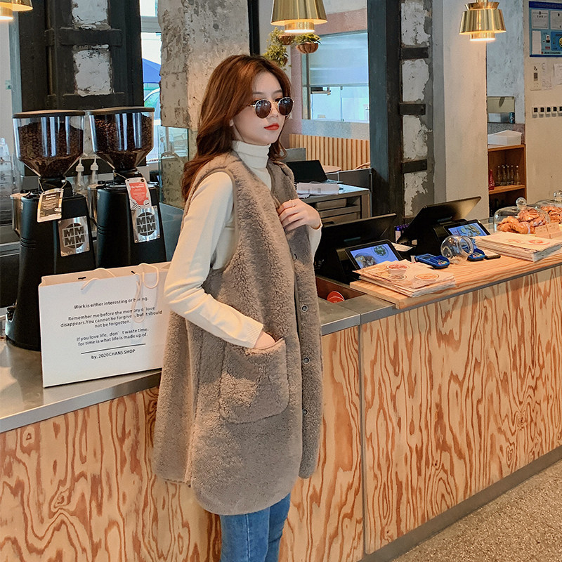 羊羔毛拼接马甲外套女中长款冬季2025新款韩版皮毛一体背心马夹潮,女装马甲,2C005