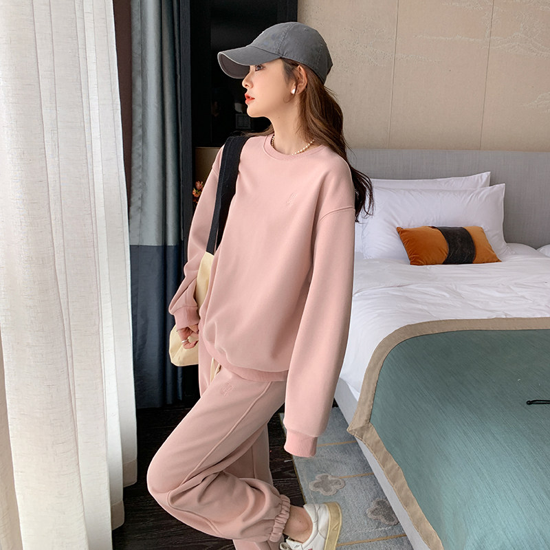 慵懒风穿搭粉色卫衣套装女春秋2025超火运动休闲减龄多巴胺两件套,女装套装/套裙,2C037