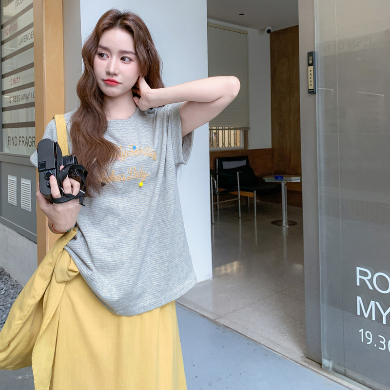 超好看休闲短袖T恤半身裙套装女2025夏季新款韩系松弛感两件套潮,女装套装/套裙,2C203