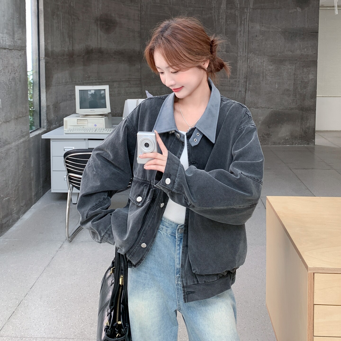 工装翻领牛仔短外套女春秋2025新款小个子巨好看减龄小众夹克上衣,女装短外套,2C206