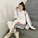 白色学院风运动套装女2025秋季韩版条纹撞色长袖卫衣阔腿裤两件套，女装套装/套裙，2C325