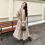 法式复古波点连衣裙套装女2025年秋季新款独特漂亮马甲长裙两件套，女装套装/套裙，2C258