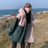 【现货】2025冬季粉色拼接墨绿色连帽派克服2C056-9013-P205控288，女装派克服，2C056