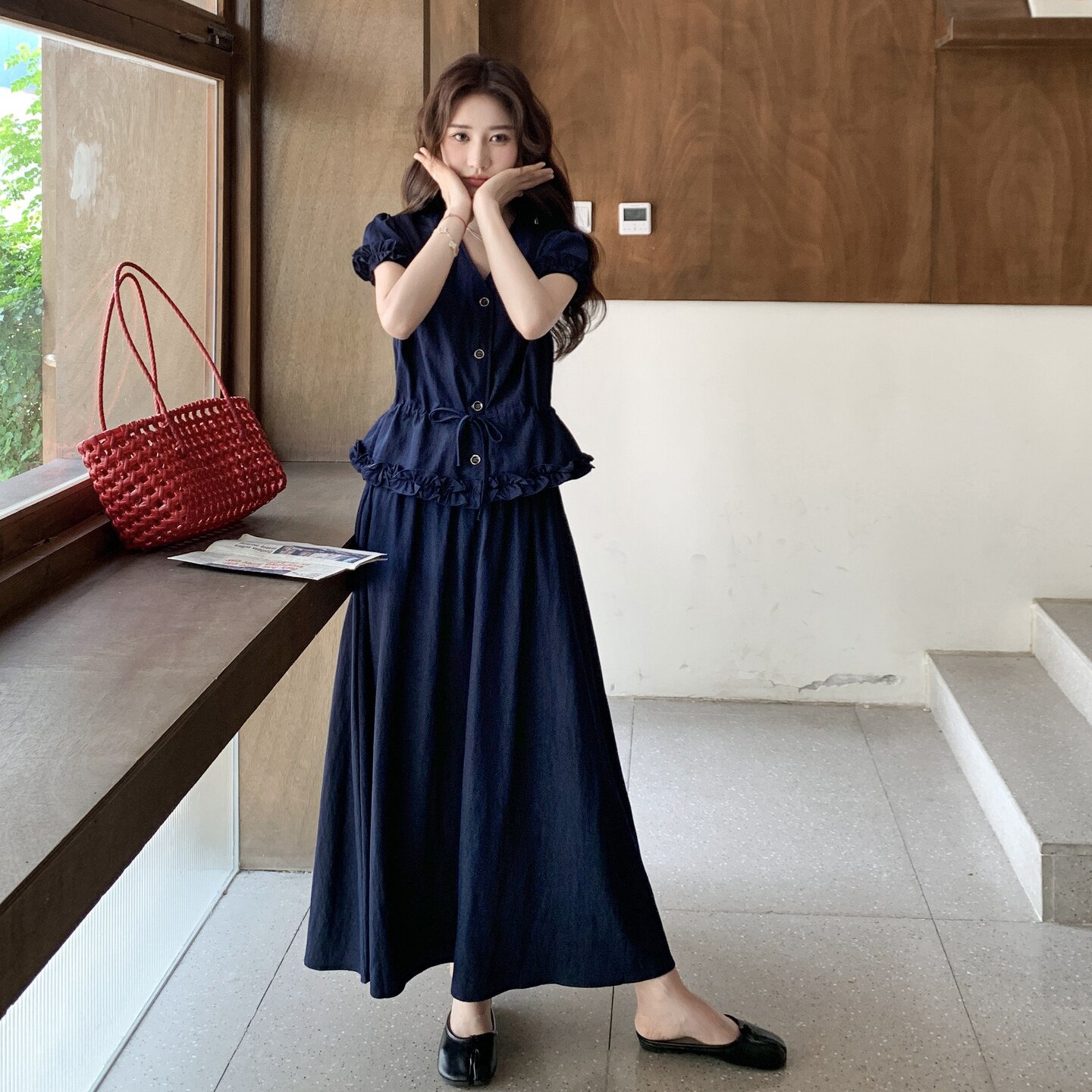 藏青色木耳边拼接短袖套装女2025年夏季新款法式收腰半身裙两件套,女装套装/套裙,2C212