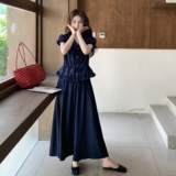 藏青色木耳边拼接短袖套装女2025年夏季新款法式收腰半身裙两件套，女装套装/套裙，2C212