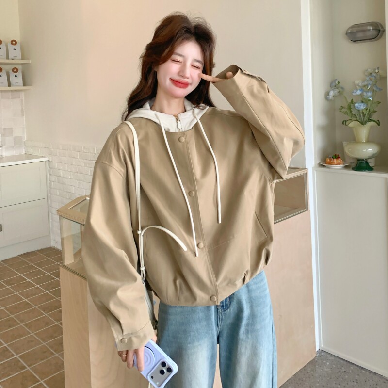 新款！2026春季撞色抽绳连帽假两件短外套风衣C207-P160K258,女装短外套,2C320