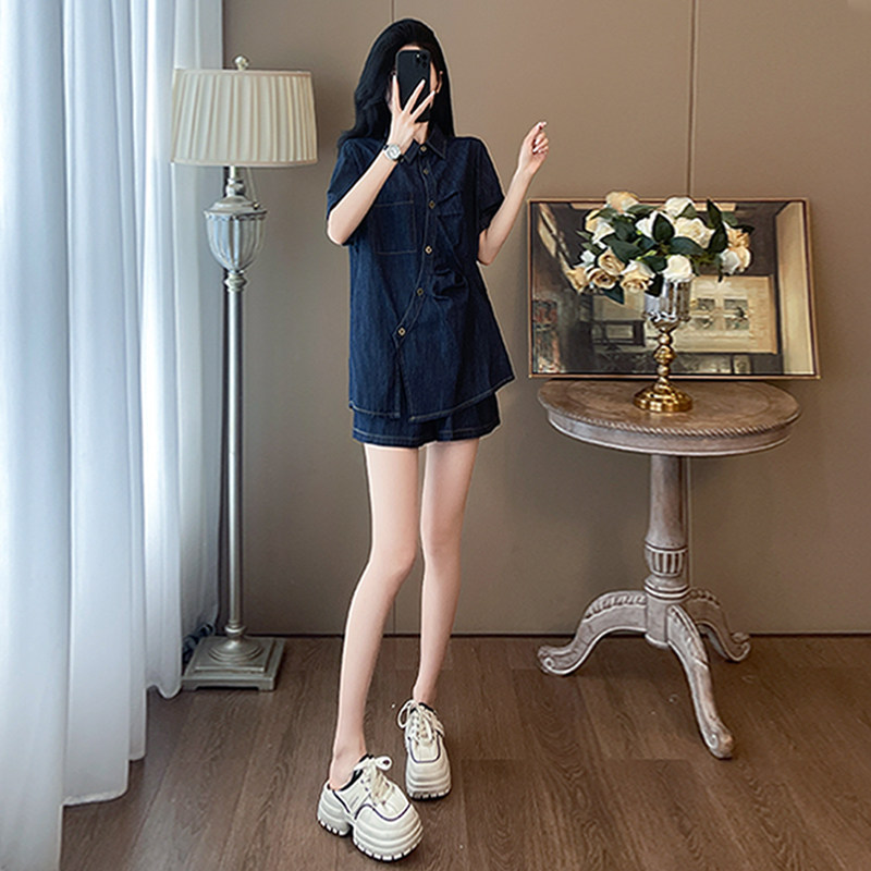 个性简约夏季新款套装女高级感时尚洋气蓝色短袖衬衫短裤两件套潮,女装套装/套裙,2C310