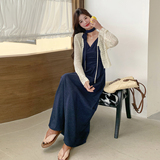 防晒开衫V领褶皱吊带连衣裙套装女2025夏季新款温柔风长裙两件套，女装套装/套裙，2C271