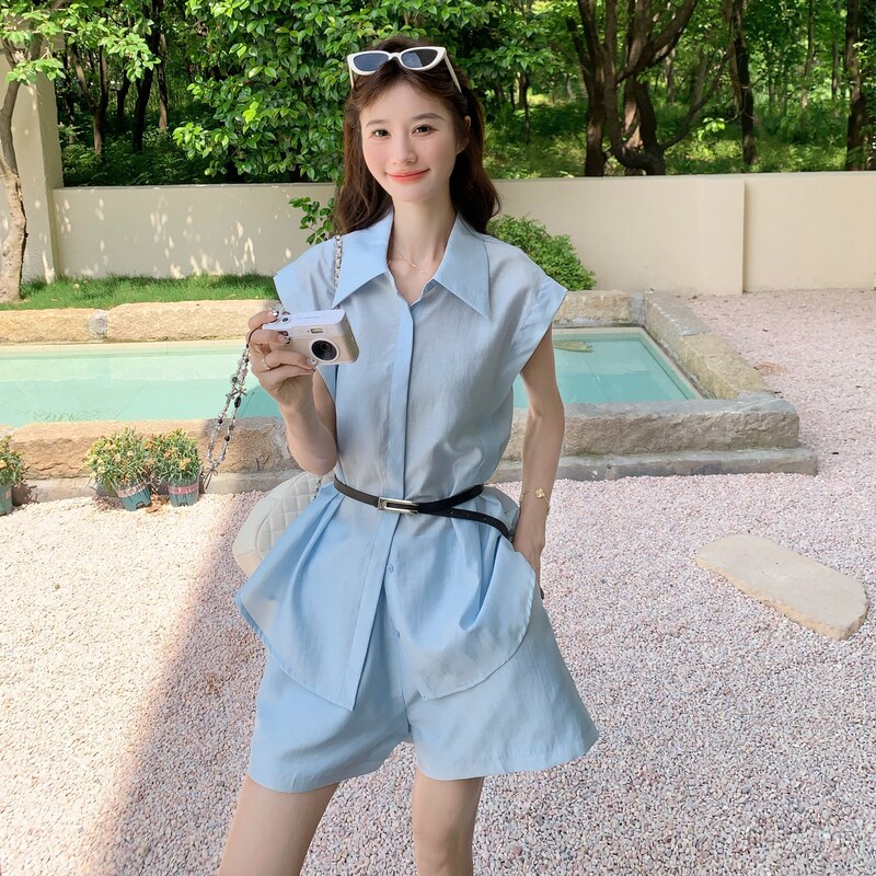 2025夏季新款韩版百搭纯色简约款设计感无袖衬衫阔腿短裤两件套女,女装套装/套裙,2C117