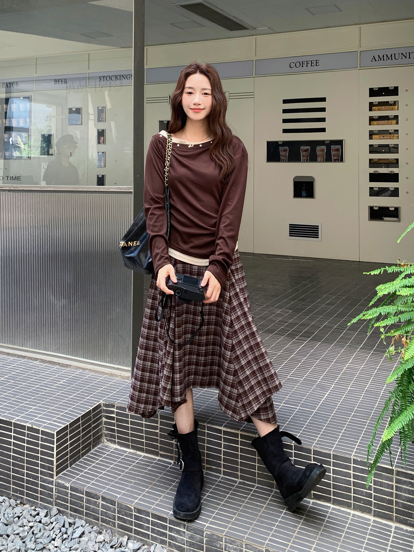 【新品现货】露肩长袖T恤格纹半身裙两件套装5103-P155-K228,女装套装/套裙,2C126